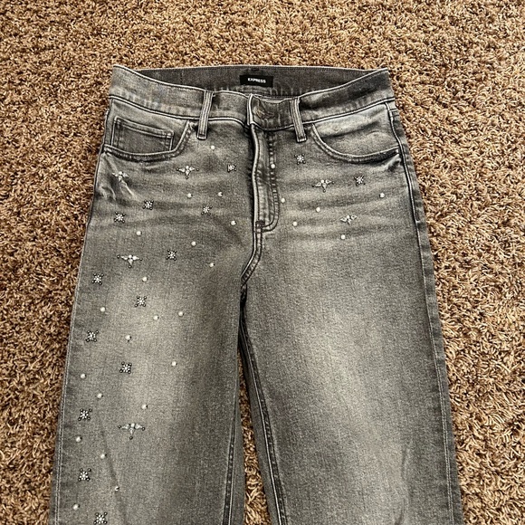 Express High Waisted Ripped Pearl Embellishment Modern Straight Jeans - Picture 7 of 16